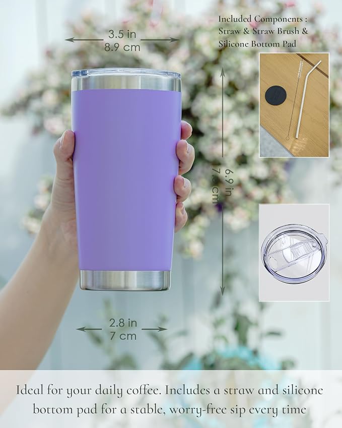 20oz Travel Coffee Tumbler 8 Pack, Lids and Straws, Stainless Steel | Double Wall Vacuum Insulated Tumbler, Coffee Mug for Hot & Cold Drinks, Fits Most Car Cup Holders, Periwinkle