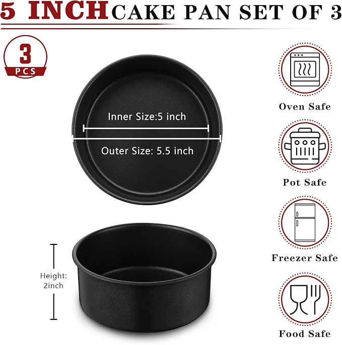 E-far 5 Inch Cake Pan, 3PCS Nonstick Stainless Steel Small Baking Cake Pans | Round Smash Baking Tins Bakeware for Birthday Layer Cake/Cheesecake, Straight Side & Non-Toxic, Leakproof & Easy Clean