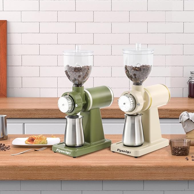 Electric Burr Coffee Grinder, 8 Grind Settings Cream Style White | 64mm Stainless Steel Flat Burr, Low Static & Quiet, for Espresso Pour Over French Press, 3-in-1 Receiving Cup, Easy Clean