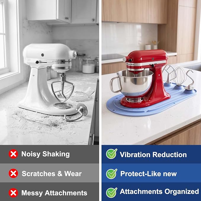 Upgraded Mixer Slider Mat for KitchenAid 4.5-5 Qt Tilt-Head Stand Mixer | Silicone Countertop Mover with 3 Attachment Storage Slots, Non-Slip Mixer Pad Organizer for Dough Hook Whisk Flat Beater