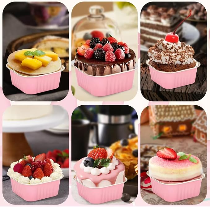 30Pack 5oz Pink Mini Cake Pans with Lids Baking Cups Aluminum Foil Pans Tins, Individual Dessert Cups Containers for Sales,Party,Picnics