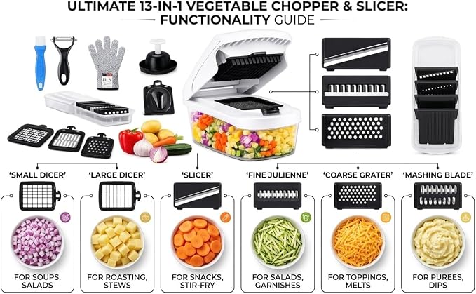 18-in-1 Vegetable Chopper Set, Food Dicer & Mandoline Slicer with Container, Onion Cutter, Stainless Steel Blades, BPA-Free, Dishwasher Safe Kitchen Vegetable Cutter