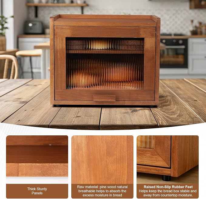 Wooden Bread Box for Kitchen Countertop, 2 Tier Bread Storage Container with Acrylic Door, Adjustable Shelf, Ventilation Holes, Brown