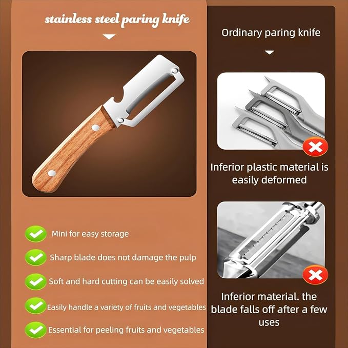 MultiFunctional Vegetable Peeler for Kitchen，Multifunctional Vegetable Peeler with Wooden Handle and Bottle Opener，2-in-1 Stainless Steel Kitchen Tool for Fruit Apple Potato Pumpkin Papaya (1)