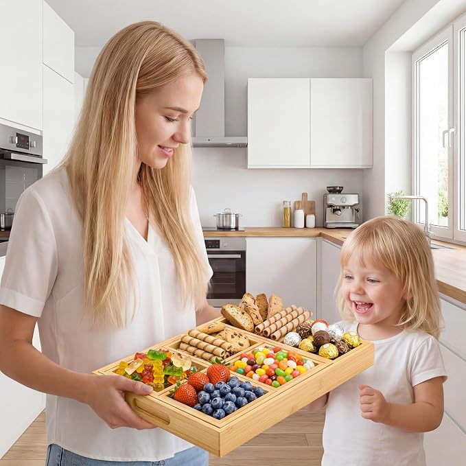 RRX Wood Serving Trays with Handles, Set of 7 Rectangular Tray, Beige | Nesting Bamboo Tray for Breakfast in Bed, Kitchen, Entertaining, Couch, Party, Platters, Coffee Table, Countertop Home Decor