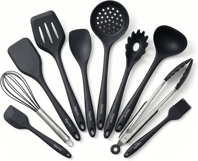 Vayvnt Kitchen Utensils Set, 10PCS Silicone Utensils Set for Cooking, Black | Non Toxic, One-piece Silicone, Non Scratch on Pot and Pans, Heat Resistant to 480℉, Food Grade Spoon Whisk, Dishwasher Safe