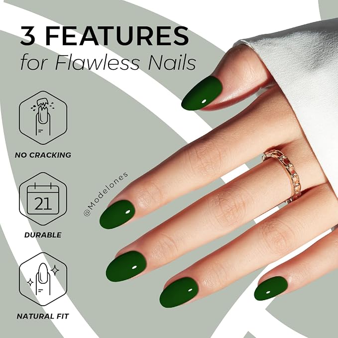 modelones Jewel Green Short Press on Nails, Oval Fake Nails Kit | Press Ons with Nail Glue, Adhesive Tabs, Nail File, Prep Pad, Manicure Stick, 32Pcs 16 Sizes, Summer Women Girl Gift