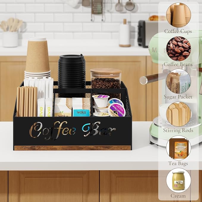 Coffee Station Organizer for Countertop, Coffee Bar Organizer | Wooden Coffee Organizer Station , Cup Condiment Holder , Sugar Creamer Caddy with Mesh Compartments for Pods, K Cups, Stirrer