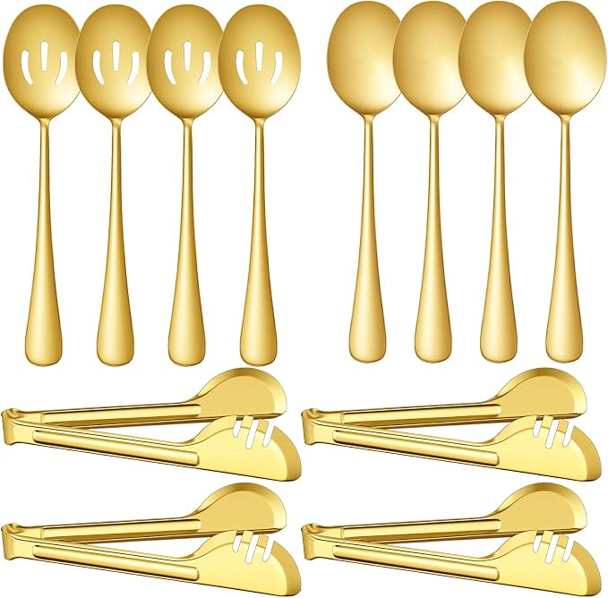 12PCS Gold Stainless Steel Serving Utensils, Large Serving Spoons,Slotted Spoons Servings Tongs Appetizer Tongs for Buffet Catering Banquet Party (Gold)
