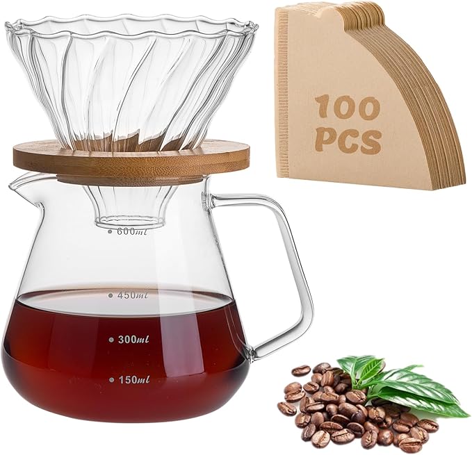 Pour Over Coffee Maker Set – Drip Coffee Pot with bamboo Handle, Glass Coffee Dripper & 100 Filters, 20oz/600ml Capacity