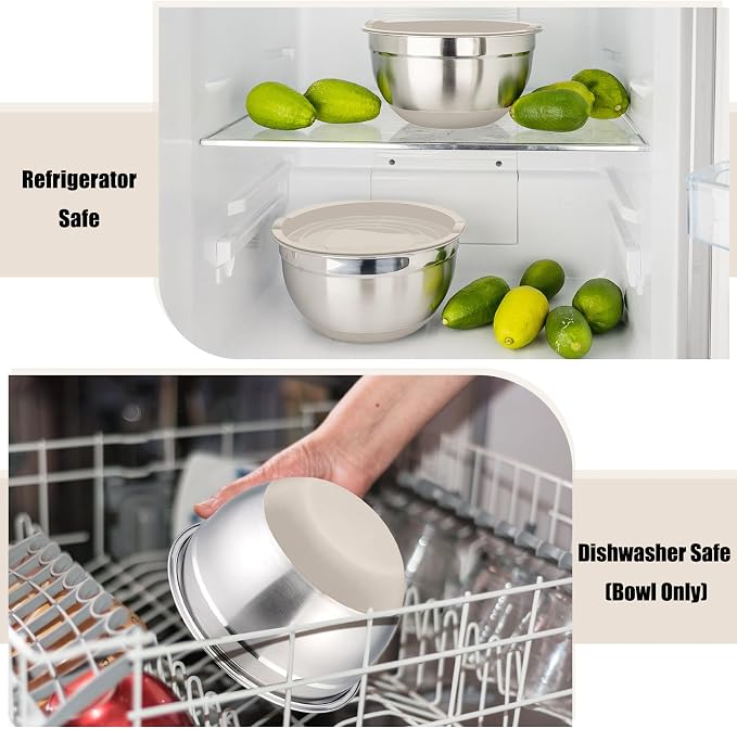 P&P CHEF Stainless Steel Mixing Bowls With Lids, Set of 6, Khaki | Salad Nesting Mixing Bowls & Fitting Lids & Non-Slip Silicone Bottom, Ideal for Mixing, Storing, Size 0.7/1/1.5/2.5/3/4.6 Qt