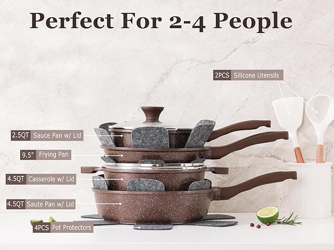 SENSARTE Nonstick Cookware Set 13 Pcs, Healthy Pots and Pans Set | Induction Cookware Set, Kitchen Cooking Set with Stay-Cool Handles, Silicone Utensils and Pot Protectors, PFOA Free, Brown