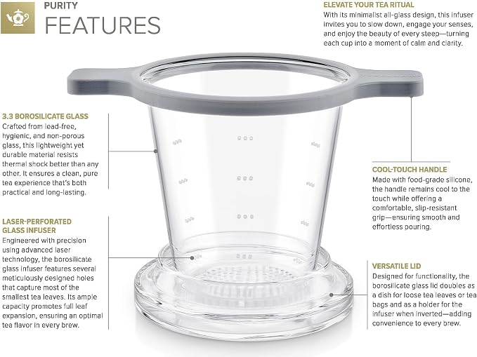 Teabloom Patent-Pending Purity Glass Tea Infuser with Lid – 3.3 Borosilicate, Laser-Perforated Filter, Universal Fit for Cups & Teapots, Toxin-Free Brewing for Whole-Leaf Tea