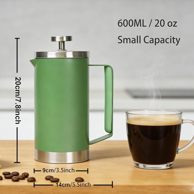 Green 600ml French Press Coffee Maker, Double Wall Stainless Steel, Detachable Filter, Cool Touch Insulated Handle, Easy to Clean, Portable Coffee Brewer for Home, Camping, Single & Couple Use