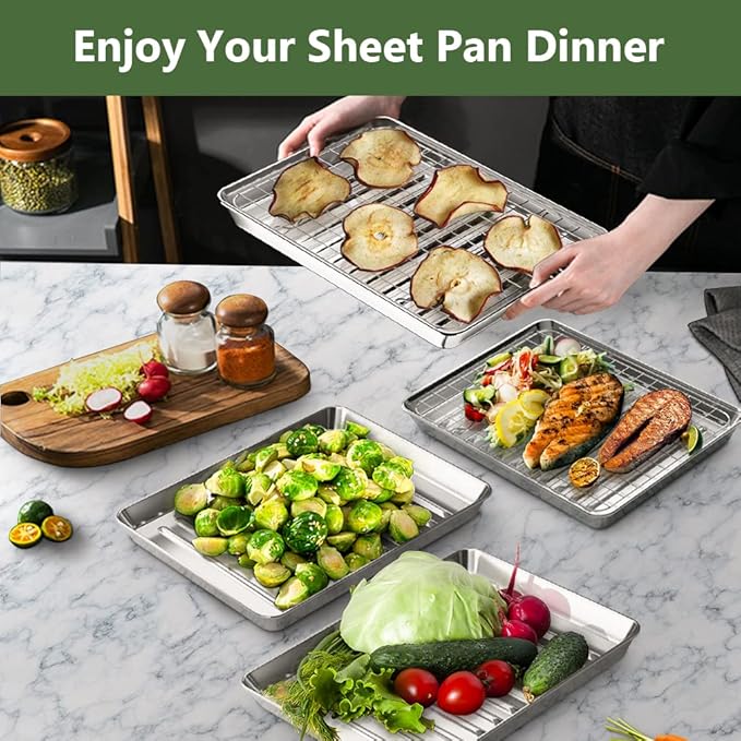 1/8 Baking Sheet Pan Cooling Rack Set, Stainless Steel 2 Pans + 2 Racks | 9x7x1 Inches Small Baking Sheet Pan with Nonstick, Warp Resistant, Heavy Duty Design for Baking, Roasting, and Cooking