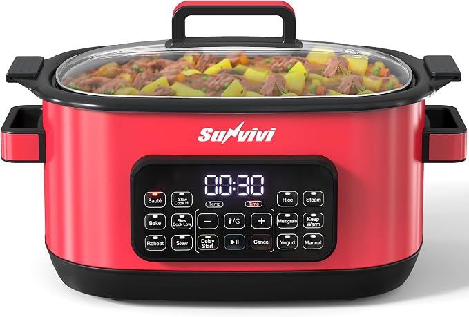 Sunvivi 12-in-1 Programmable Slow Cooker 6.5QT with Timer & Keep Warm | Multicooker with Timer & Temp Control, Dishwasher Safe Lid & Removable Nonstick Crock, Stainless Steel Rack, Red