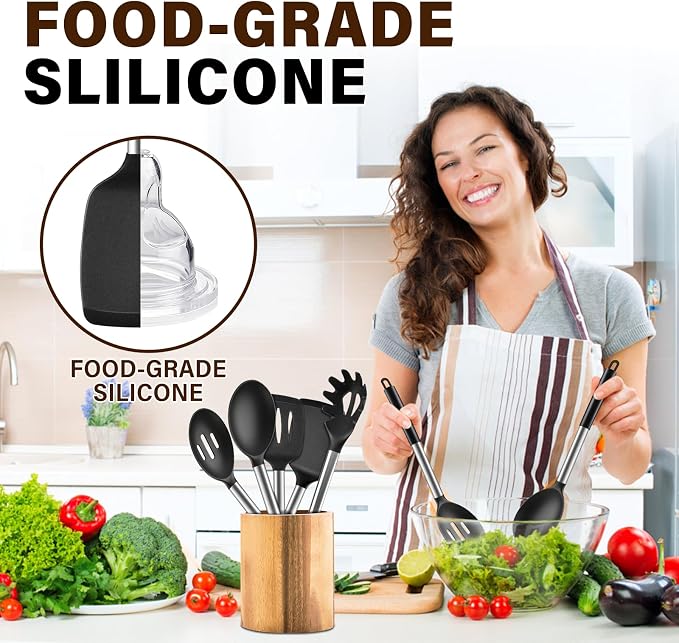 5Pcs Silicone Cooking Utensils Set, Heat Resistant Kitchen Tools Include Solid&Slotted Spatula, Cooking Spoon and Pasta Server, Silicone Kitchen Utensils set for Nonstick Cookware Flipping, Black