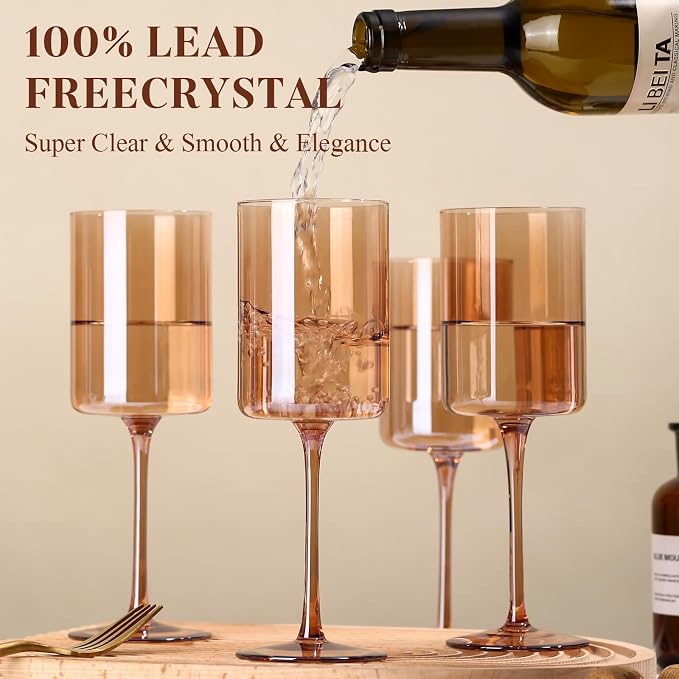 Amber Wine Glasses Set of 6 - 14oz Hand Blown Square Colored With Tall Long Stems, Modern Set for All Occasions