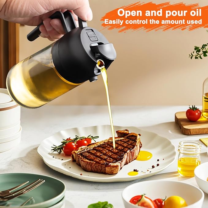 Olive Oil Sprayer for Cooking, 16oz Glass 2 in 1 Oil Dispenser Bottle | Light Blocking, BPA-Free Food Grade, Fine Mist Precise Control, Air Fryer BBQ Salad, Leakproof Anti-Clog, Pre-Printed Labels