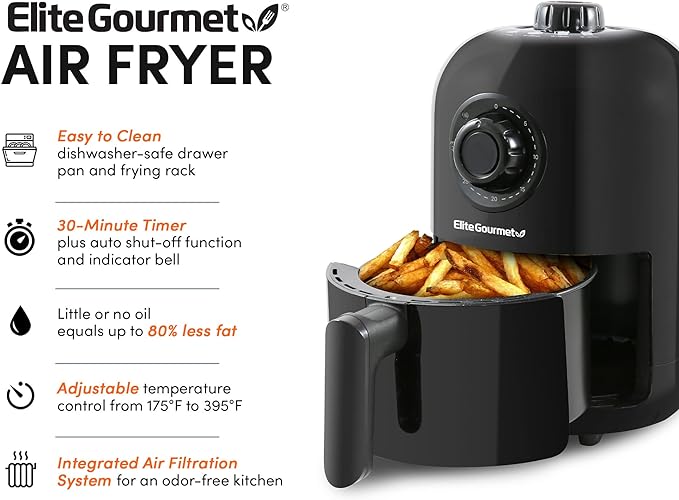 Elite Gourmet EAF1121 Personal Air Fryer, Compact, Oil-Less, 1000W, 1.1Qt | Healthy Cooker, Timer & Temperature Controls - Space-Saving Design