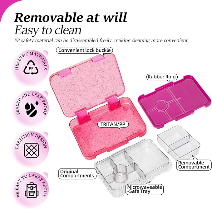 Bento Lunch Box for Kids, 5/6 Compartments, Shiny Purple and Clear | Dishwasher Safe Back to School Snack Bento Lunch Containers Boxes, Ideal Portion Sizes for On-the-Go Meal, Ages 3+, School