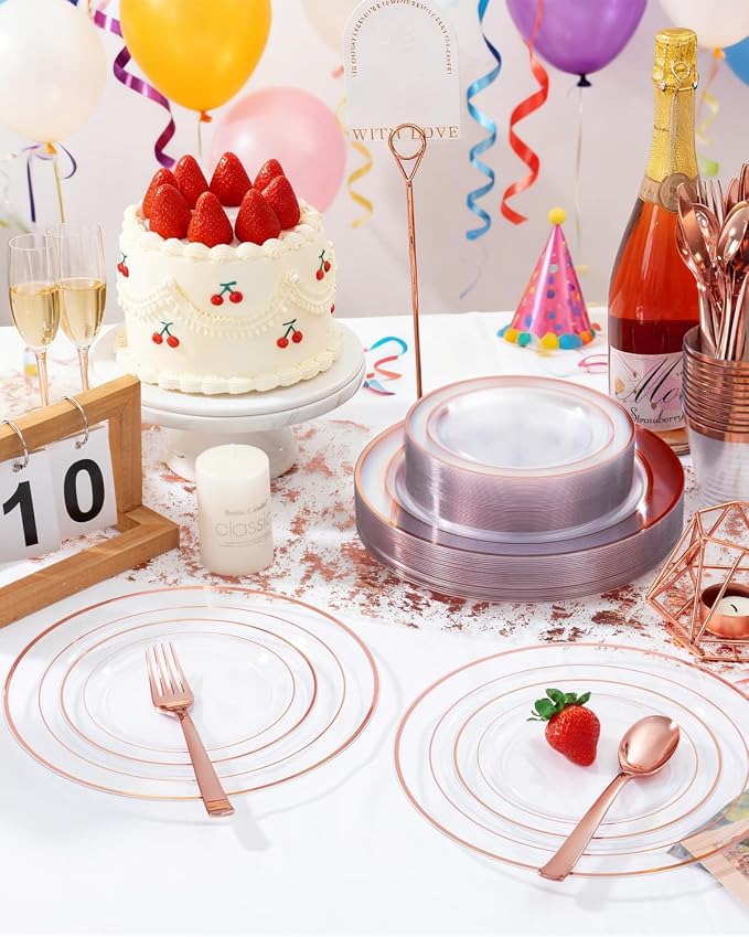 GATHER 700PCS Clear Rose Gold Plastic Plates 100 Guest for Wedding Party | Clear Rose Gold Disposable Dinnerware Set includes 200 Plates, 300 Silverware, 100 Napkins, 100 Cups for Baby Shower Birthday