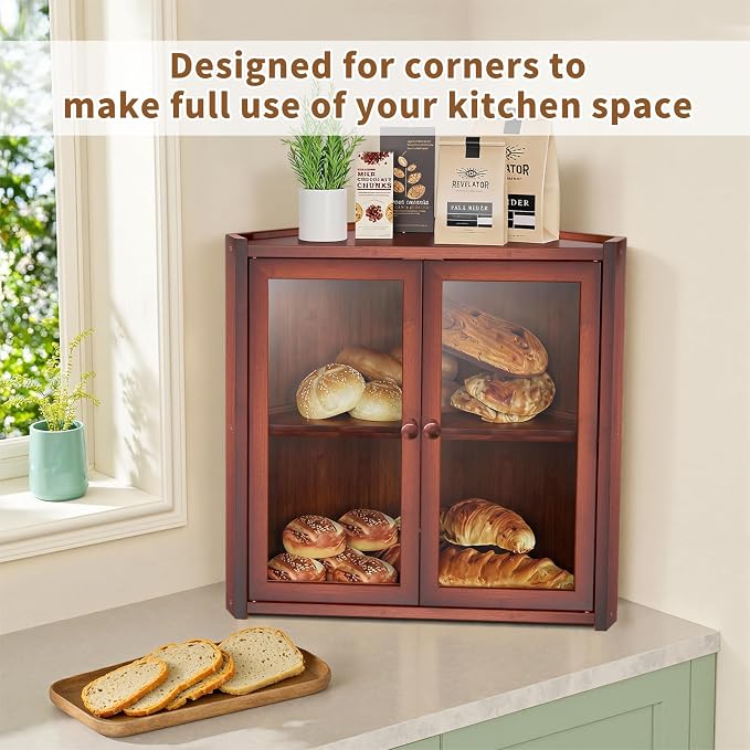BAMBANG Bread Box, Double Layer Bamboo Bread Bin for Homemade Bread Bakers and Corner Kitchen Countertop with Double Doors, Not Suitable for Oversized Loaves, Brown