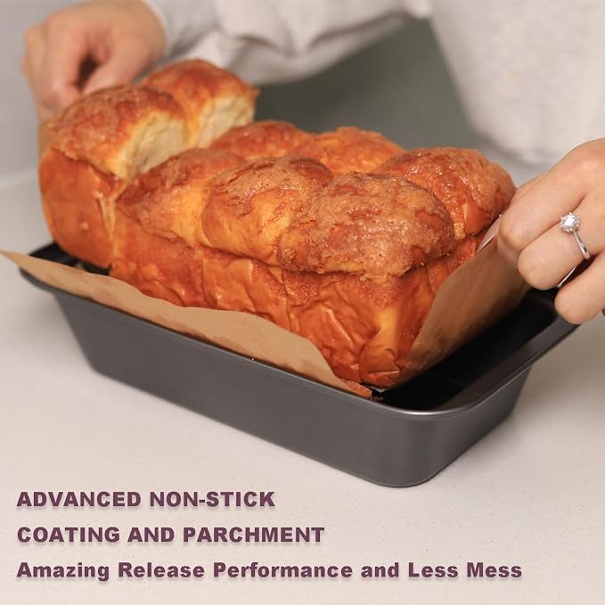 2 PCS Nonstick Loaf Pan Set, 9 x 5 Inch Carbon Steel Rectangle Bakeware with 100 Unbleached Parchment Liners for Baking Toast, Cakes, Banana Breads, Gray