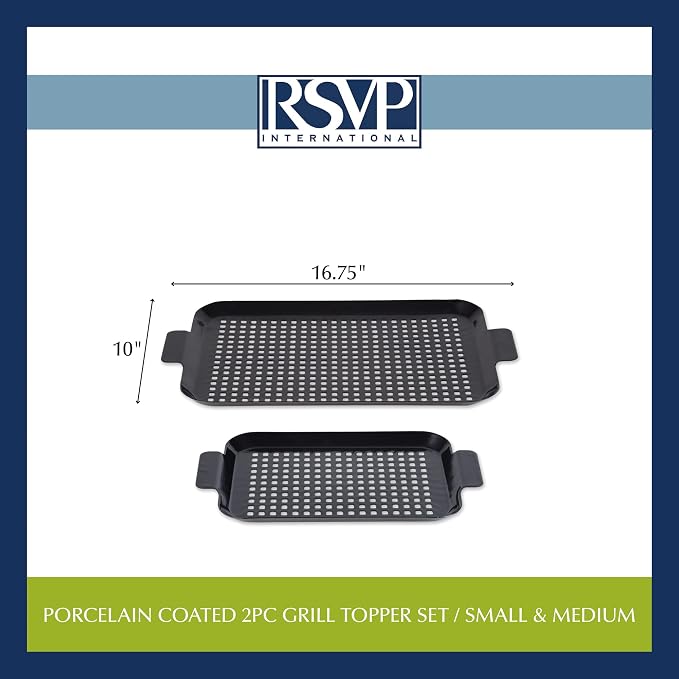 RSVP International Porcelain Coated Steel BBQ Grill Tray/Pan, Outdoor Barbeque Grilling Accessories for Cooking Fish & Vegetables, Dishwasher Safe, Small, 13x7.25/Medium, 16.75x10"