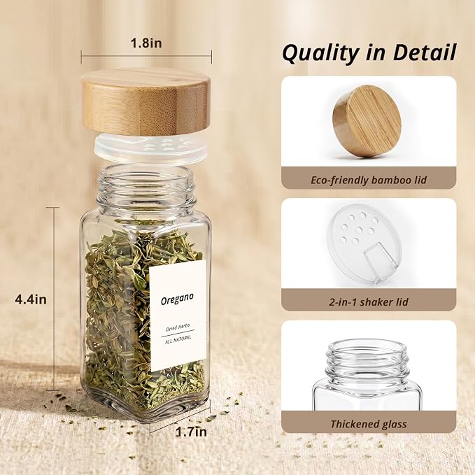 SHOWIN Spice Jars with Label, 4oz Spice Containers with Bamboo Lids 12pcs, Glass Spice Jars with Lids, Square Seasoning Containers for Rack, Cabinet, Drawer, Home Kitchen Seasoning Organizer