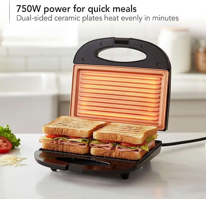 OVENTE Electric Panini Press Grill, 750W Nonstick Plates, Copper GP0110CO | LED Indicator Lights, Thermostat Control, Compact Sandwich Maker Perfect for Cooking Breakfast, Steaks, Eggs Snacks & More