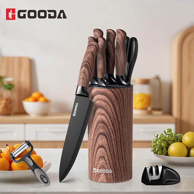 Knife Set,GOODA 9 Piece Kitchen Knife Set with Block and Sharpener, Anti-Rust Stainless Steel Cooking Knives Set for Kitchen, Chef Knife Block Set