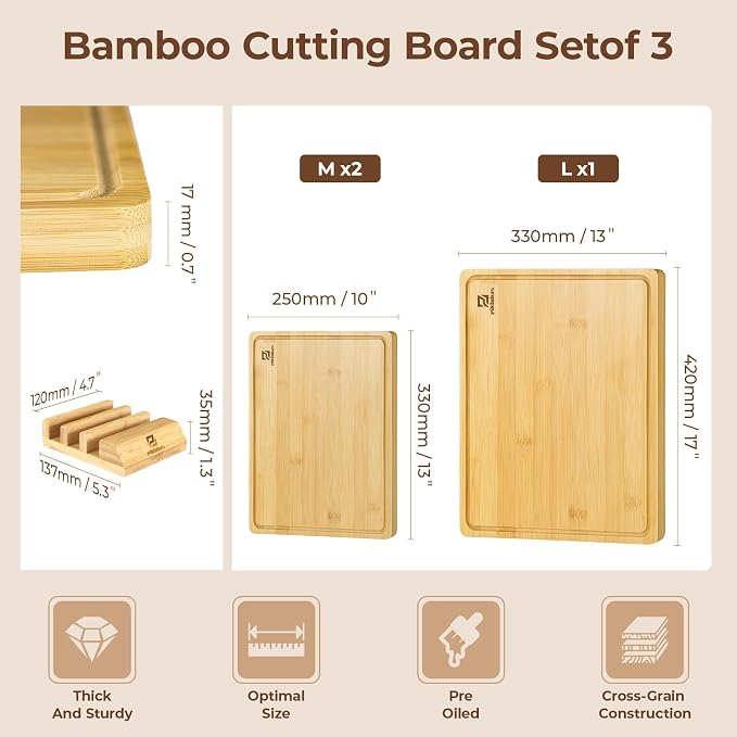 Bamboo Cutting Boards Set of 4 for Kitchen with Wood Storage Stand | Premium Chopping & Charcuterie Board with Juice Groove, Non Slip Feet and Easy-Grip Handles, Steak Serving Tray, Gift Box