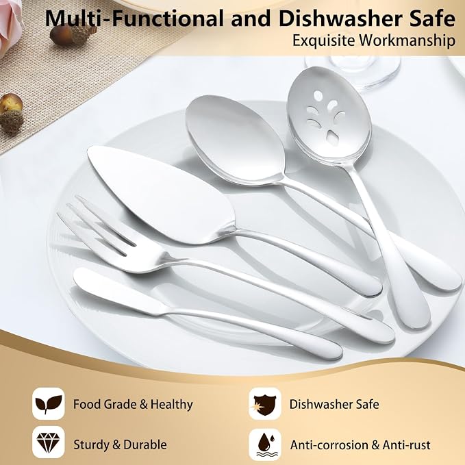 Pleafind 65-Piece Silverware Set with Serving Utensils - Mirror Polished Stainless Steel Flatware Set for 12, Elegant Dining Cutlery Set with Steak Knives, Round Edge Utensils for Home, Wedding Party