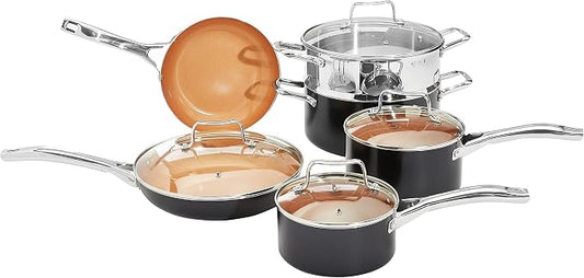 Amazon Basics Ceramic Nonstick Cookware Set, Induction Ready, Dishwasher & Oven Safe, Even Heating, 10-Piece Set with Frying Pans, Saucepans, Glass Lids, Copper Color