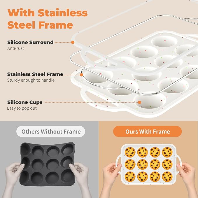 2Pack Silicone Muffin Pan For Baking With Metal Reinforced Frame, 12 Cup Regular Size Nonstick Cupcake Pan, BPA Free Silicone Muffin Tray, Cupcake Baking Pan Molds for Oven