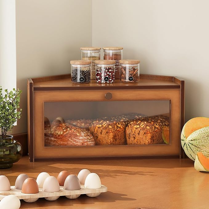 Trironsun Corner Bamboo Bread Box for Kitchen Counter Large Rustic Bread Storage Container with Acrylic Door Space-Saving Vintage Bread Keeper for Homemade Bread (Brown)