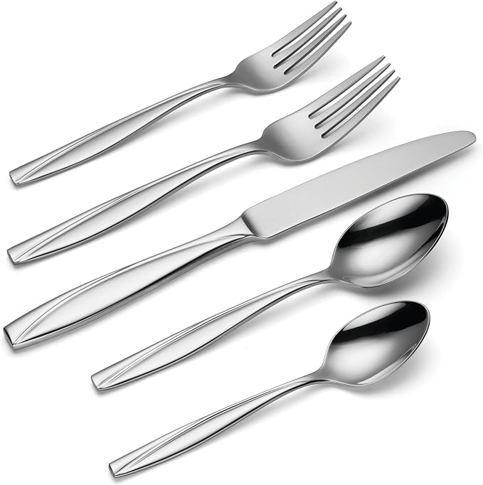 Oneida Camlynn Mirror 45 Piece Casual Flatware Set, 18/0 Stainless, Service for 8,Silver | mirror finish, dishwasher safe | includes serving spoons and utensil set | cutlery set, wedding silverware