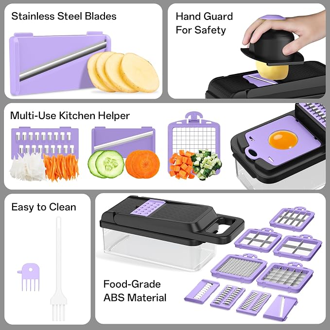 HomeHacks Veggie Chopper Vegetable Cutter, 15 in 1 Kitchen Gadget, Purple | Dicer, Slicer, Cutter, Slap Chop, Cheese Grater & Egg Separator - Multi-Functional Salad Fruit Onion Chopper with Container