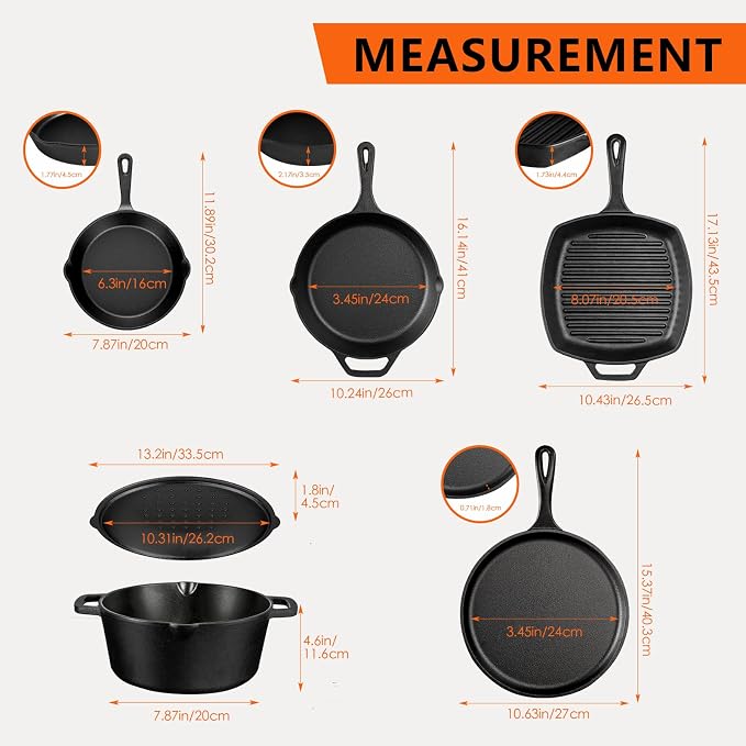 6 Piece Pre-Seasoned Cast Iron Cookware Set – Incl. 5QT Dutch Oven with Lid, 8'' and 10.25'' Cast Iron Skillets, 10.5'' Round Griddle, and a Square Grill Pan for Kitchen, Stovetop, & Camping