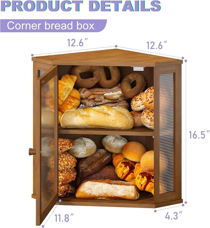 Corner Bread box for Kitchen Countertop,Farmhouse Bread Box with Acrylic Wavy Door Panel,Large Bread box for kitchen countertop,Food Storage Container (Brown, Extra Large)