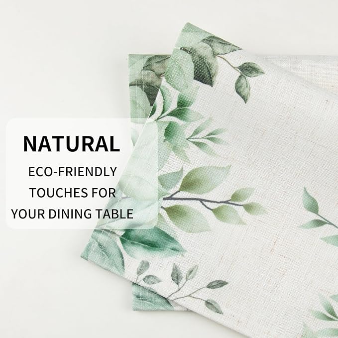 QIYI Boho Table Placemats Set of 4, 12"x18" Linen Place Mats, Green Leaves | Fabric Place Mats for Kitchen Dinning, Farmhouse Rustic Cloth Table Mats, Washable Placemat Party Table Décor