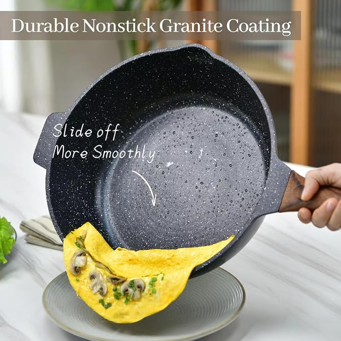 12 Inch Nonstick Deep Frying Pan Skillet with Lid and Spatula, 6 Qt Jumbo Saute Pan with Pour Spout, Non Stick Granite Stir-Fry Chef Wok with Scrub Sponge, Induction Stovetops Compatible