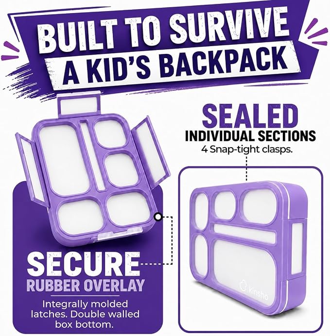 kinsho Bento Box for Kids Women - 6 Compartment, Leak-Proof Lunchbox for School, Portion Control & Meal Prep Containers, Reusable, BPA-Free Snack Container - Includes Utensil Set & E-Book, Purple