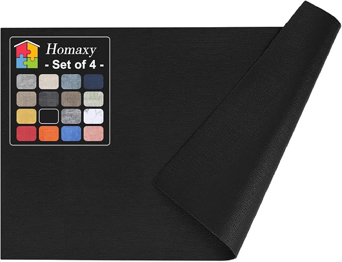 Homaxy PU Faux Leather Placemats for Dining Table, Set of 4, Black | Waterproof Wipeable Washable Table Mats, Easy to Clean Anti-Slip Place Mats, 11.8" x 17"