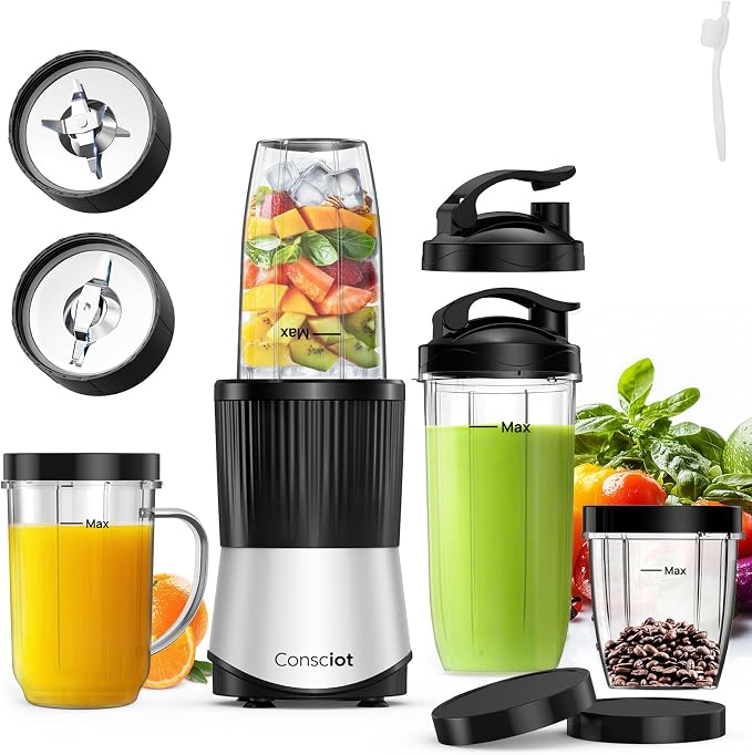 Consciot 16-Piece Blender & Grinder Combo for Kitchen and Personal Size | Blend Shakes & Smoothies, Frozen Drinks, Baby Food, Spreads & More, 4 BPA-Free Portable To-Go Cups & 4 Lids, 900 Peak Watts