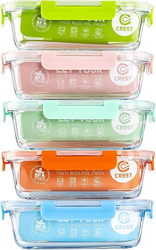 Glass Meal Prep Glass Containers with Lids, Glass Lunch Box, 5-Pack, 34 OZ | Freezer/Oven/Dishwasher Safe Food Storage Containers for Pantry and Kitchen | Meal Prep Container for Lunch