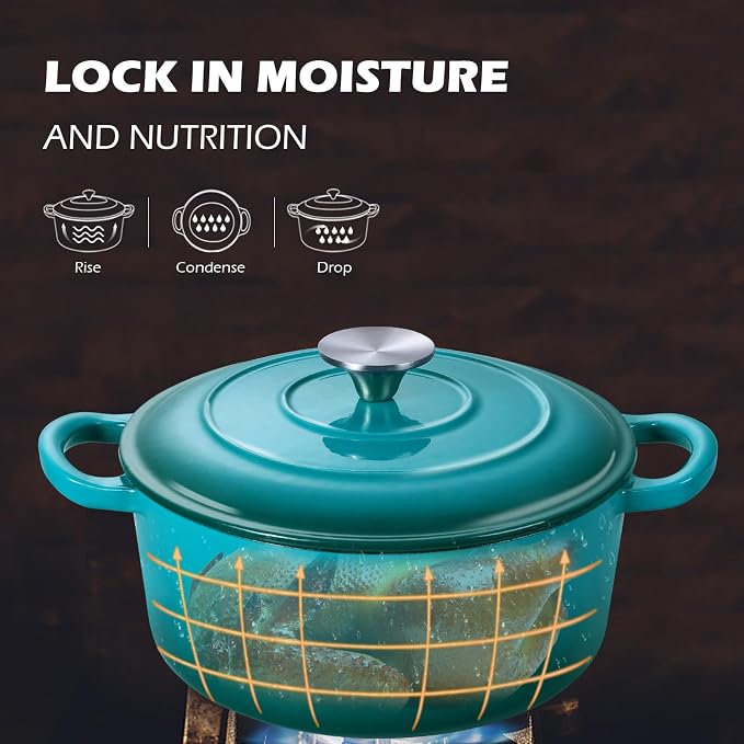 3QT Dutch Oven Pot with Lid, Leonyo 3 Quart Enameled Cast Iron Dutch Oven for Sourdough Bread Baking, Heavy Duty Cookware for Braising, Stews, Roasting, Lake Green