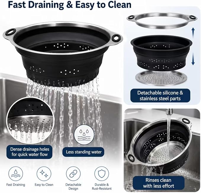 Mejoncb Collapsible Colander – Platinum Silicone Strainer with Stainless Steel Base, BPA-Free & Heat Resistant Kitchen Drain Basket (Black)