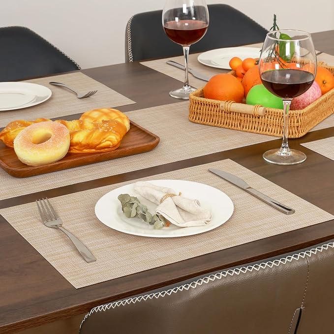 Myir JUN Placemats Set of 8 Kitchen and Dining Table Placemats | Vinyl Placemats Place Mats Indoor/Outdoor Set of 8 Washable Table Mats Non-Slip Place mats for Dining Table, Beige